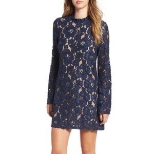 WAYF Navy Blue Lace High Neck Shift Mini Dress Long Sleeve